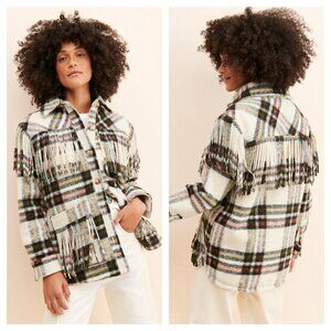 Blank NYC Plaid Fringe Shirt Jacket Shacket Button Down Neutral Black Women's XS
